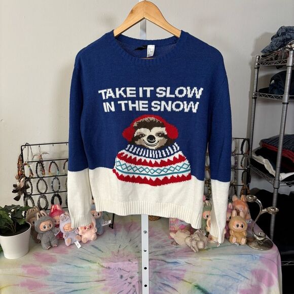 H&M winter Sloth Sweater holiday ugly Christmas sweater embroidered medium - Picture 2 of 6